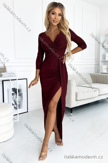 Šaty elegantné spoločenské Lesklé s výstrihom a rázporkom na nohavici (XS - XL) Poľská móda NMC-404-5/DUR