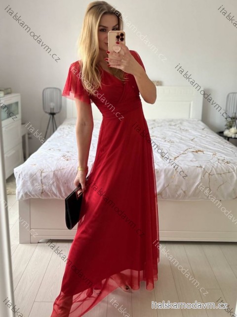 Šaty společenské dlouhé tylové dámské s rukávkem LILIANA (XS/S/M ONE SIZE) ITALSKÁ MÓDA IMWMY251286/DUR červená XS/S/M