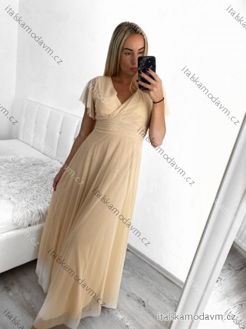 Šaty společenské dlouhé tylové dámské s rukávkem LILIANA (XS/S/M ONE SIZE) ITALSKÁ MÓDA IMWMY251286/DUR béžová XS/S/M