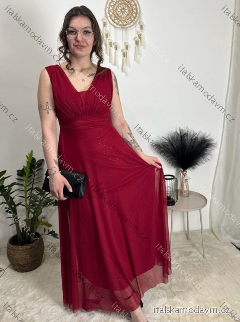 Šaty dlhé spoločenské tylové bez rukávov dámske BEATRICE (S/M/L ONE SIZE) TALIANSKA MÓDA IMWKH26608/DUR tmavo červená S/M/L