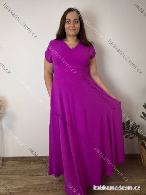 Šaty elegantný krátky rukáv dámske nadrozmer (40/42/44 ONE SIZE) TALIANSKA MÓDA IMSM26056/DR  růžová fuchsiová