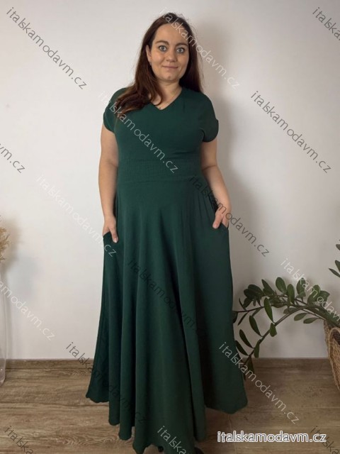 Šaty elegantní krátký rukáv dámské nadrozměr (40/42/44 ONE SIZE) ITALSKÁ MÓDA IMSM26056/DR 40/42/44 tmavě smaragdová