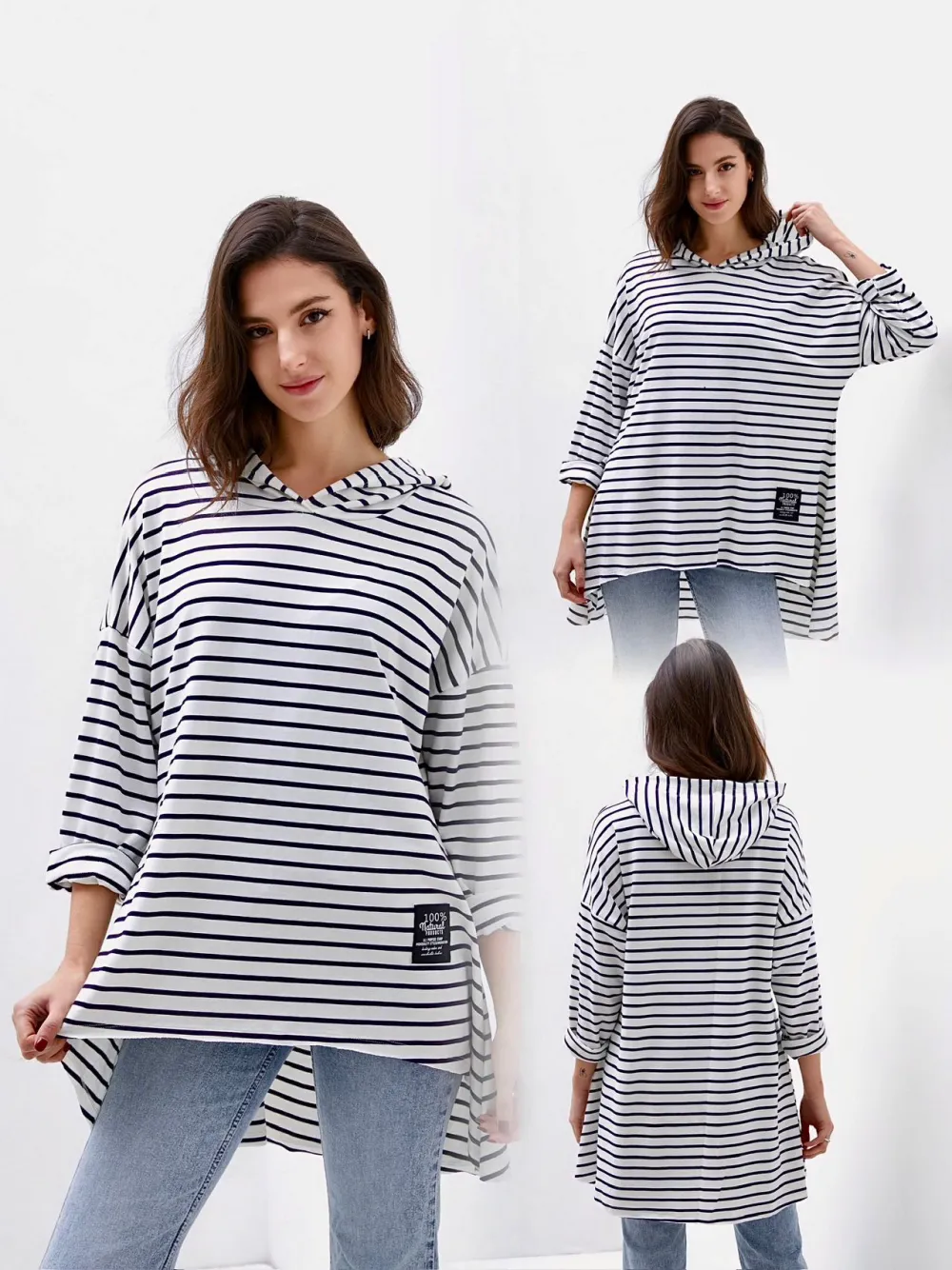 Tunika mikinová s kapucí 3/4 dlouhý rukáv dámská (S/M/L ONE SIZE) ITALSKÁ MÓDA IMPLI2670174