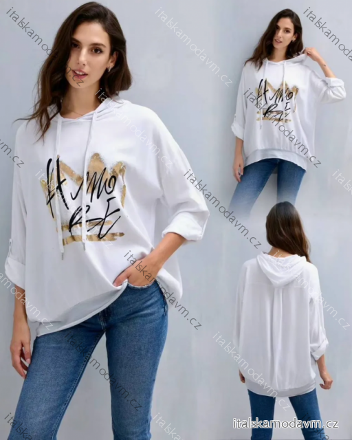 Tunika mikinová s kapucí 3/4 dlouhý rukáv dámská (S/M/L ONE SIZE) ITALSKÁ MÓDA IMPLI2695014