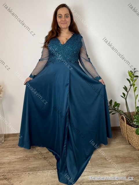Šaty dlouhé elegantné spoločenské, dlouhý rukáv dámske nadrozměr (4XL-6XL) TALIANSKA MÓDA FMPCH269390/DR 4XL modrá petrolejová