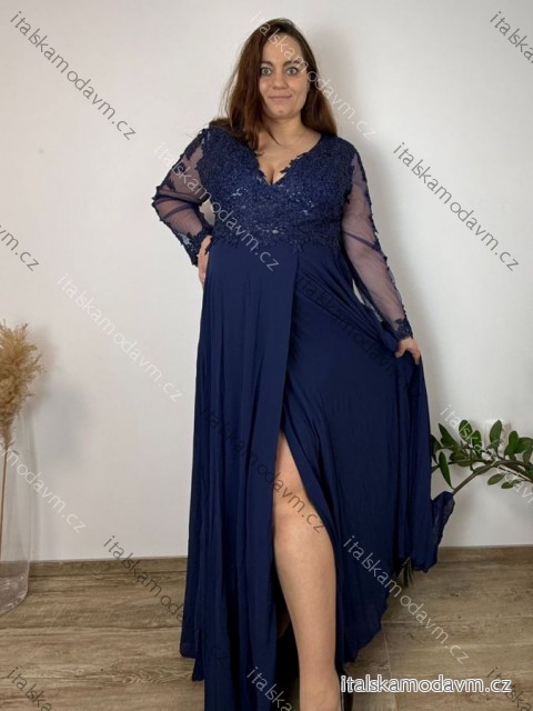 Šaty dlouhé elegantné spoločenské, dlouhý rukáv dámske nadrozměr (4XL-6XL) TALIANSKA MÓDA FMPCH269391/DR 5XL tmavo modrá