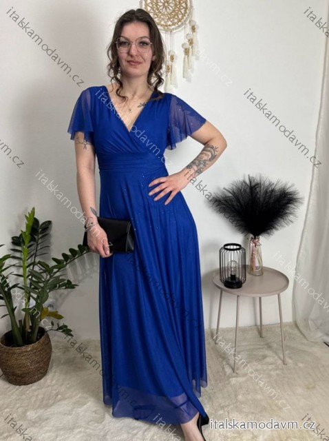 Šaty dlouhé společenské tylové krátký rukáv dámské (XS/S/M ONE SIZE) ITALSKÁ MÓDA IMWKH251238/DUR modrá královská XS/S/M