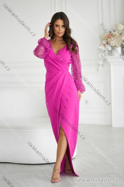 Šaty spoločenské dlhý rukáv dámske (34-48) POLSKÁ MÓDA PMLBC25314-07/DUR ružová 40