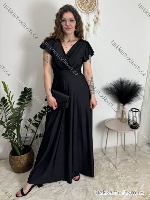 Šaty dlouhé elegantní krátký rukáv dámské ANNA (S/M/L ONE SIZE) ITALSKÁ MÓDA IM4260024/DUR černá S/M/L/
