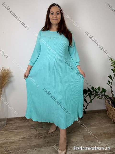 Šaty dlhé plisované jarní s vreckami dlhý rukáv dámske nadrozmer (52/54/56 ONE SIZE) TALIANSKA MÓDA IM426079/DUR  svetlo modrá