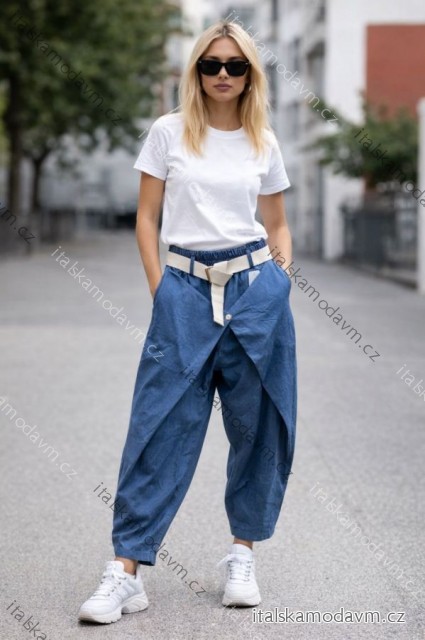 Kalhoty volnočasové riflové s páskem dámské nadrozměr (42/44/46 ONE SIZE) ITALSKÁ MÓDA IMD26028