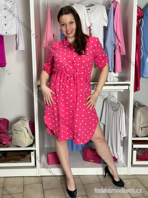 Šaty košilové puntík 3/4 dlouhý rukáv dámské KAROL (M/L/XL ONE SIZE) ITALSKÁ MÓDA IMC26049/DU M/L/XL tmavě růžová
