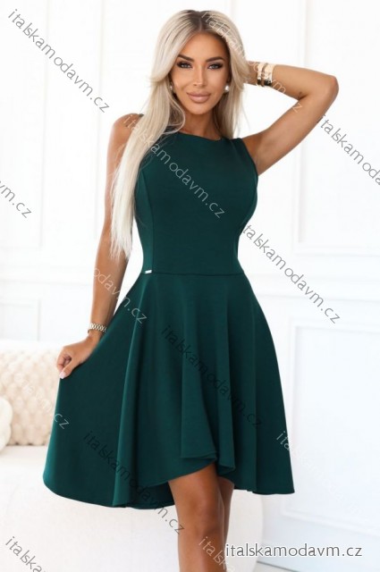 575-2 Zvonové šaty s nádherným predĺženým chrbtom – fľaškovozelené