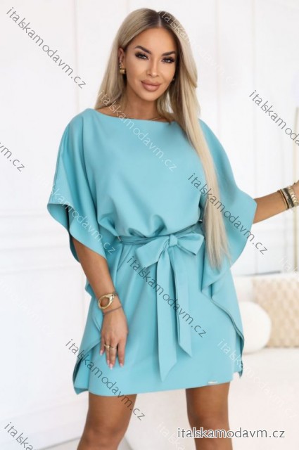 287-40 Šaty SOFIA s motýlím vzorem a zavazováním v pase - pastelově tyrkysové