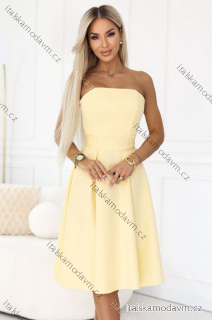 641-3 VIVIENNE Korzetové rozšířené midi šaty s páskem - pastelově žluté