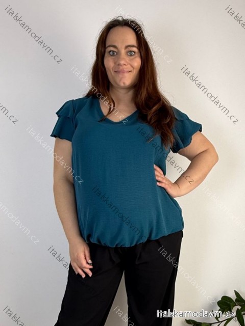 Halenka krátky rukáv dámske nadrozmer (50/52/54 ONE SIZE) TALIANSKA MÓDA IMC26087/DU 50/52/54 modrá petrolejová