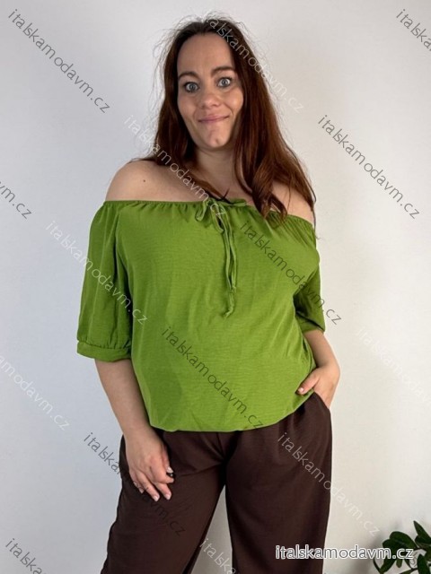 Halenka krátký rukáv dámské nadrozměr PRUE (50/52/54 ONE SIZE) ITALSKÁ MÓDA IM426075/DUR 50/52/54 zelená