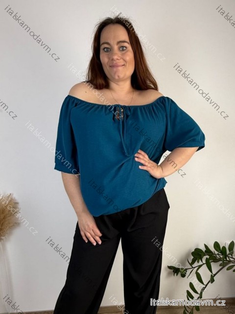 Halenka krátký rukáv dámské nadrozměr PRUE (50/52/54 ONE SIZE) ITALSKÁ MÓDA IM426075/DUR 50/52/54 modrá petrolejová