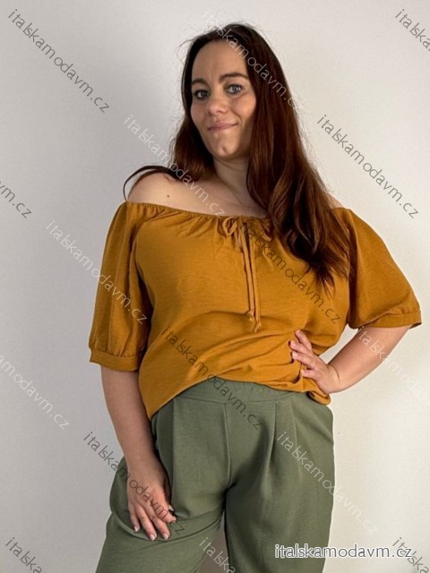 Halenka krátký rukáv dámské nadrozměr PRUE (50/52/54 ONE SIZE) ITALSKÁ MÓDA IM426075/DUR 50/52/54 žlutá hořčicová