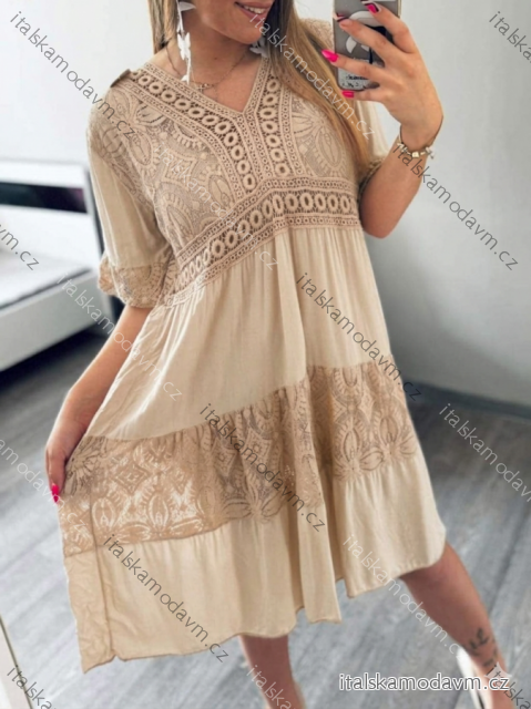 Šaty krajkové letní krátký rukáv dámské nadrozměr (XL/2XL ONE SIZE) ITALSKÁ MÓDA IMD23LUCA/DUR béžová XL/2XL