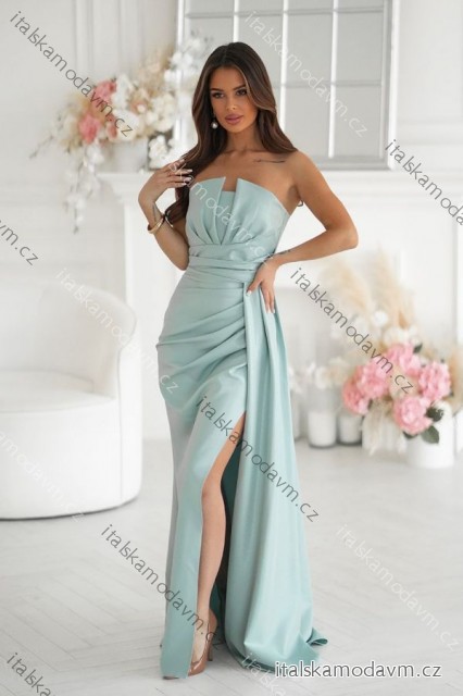 Šaty třpytivé elegantní společenské s geometrickým výstřihem na ramínky dámské (34-46) POLSKÁ MÓDA PMLBC24320-03 zelená staromintová 44