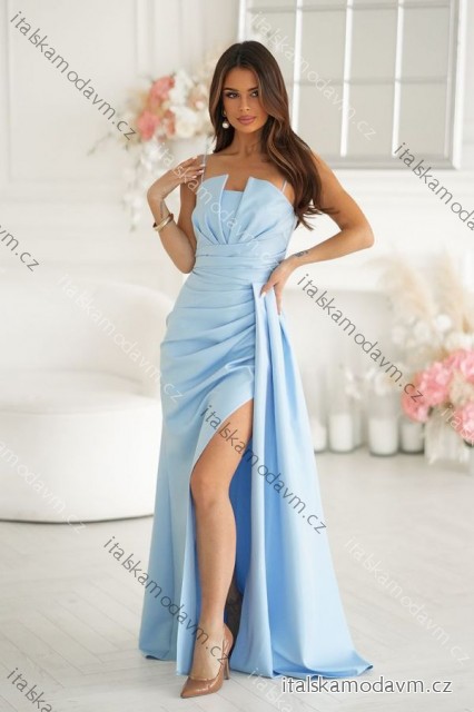 Šaty třpytivé elegantní společenské s geometrickým výstřihem na ramínky dámské (34-46) POLSKÁ MÓDA PMLBC24320-08 světle modrá 40
