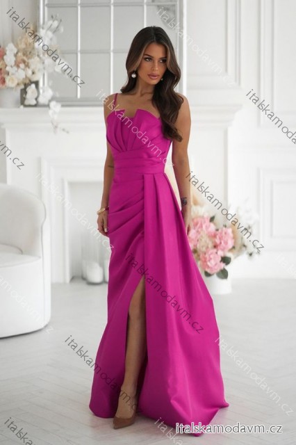 Šaty trblietavé elegantné spoločenské s geometrickým výstrihom na ramienky dámske (34-46) POLSKÁ MÓDA PMLBC24320-07 tmavo ružová 34
