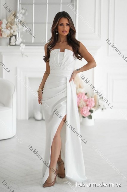 Šaty třpytivé elegantní společenské ecru s geometrickým výstřihem na ramínky dámské (34-46) POLSKÁ MÓDA PMLBC26342-04/DUR 38 bílá