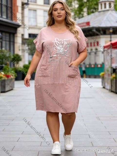 Šaty letní s kapsami krátký rukáv dámské nadrozměr (46/48/50 ONE SIZE) ITALSKÁ MÓDA IM426115