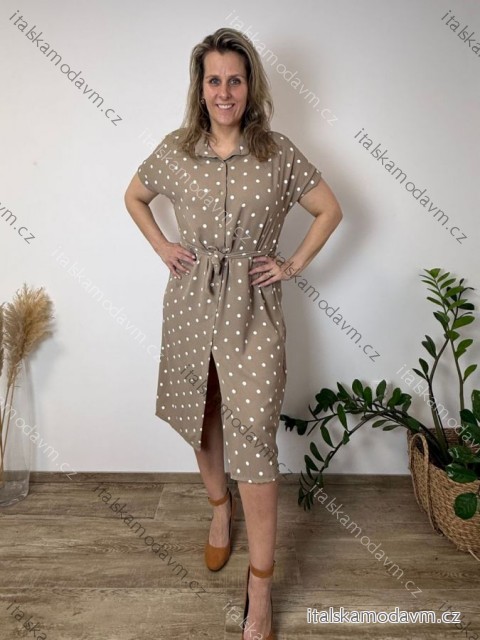 Šaty košilové puntík krátký rukáv dámské nadrozměr CANDY (40/42/44 ONE SIZE) ITALSKÁ MÓDA IMC26035/DU 40/42/44 béžová