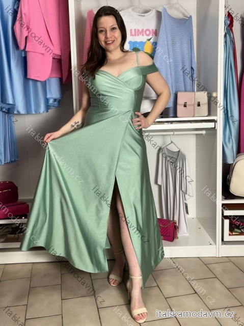 Šaty spoločenské dlhé carmen na ramienka dámske ADELE (M/L/XL ONE SIZE) TALIANSKA MóDA IM4251147/DUR zelená lipová M/L/XL
