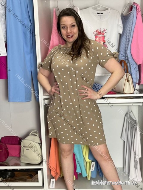 Šaty letní carmen puntíkaté krátký rukáv dámské nadrozměr EVE (40/42/44 ONE SIZE) ITALSKÁ MÓDA IMC26141/DUR 40/42/44 tmavě béžová