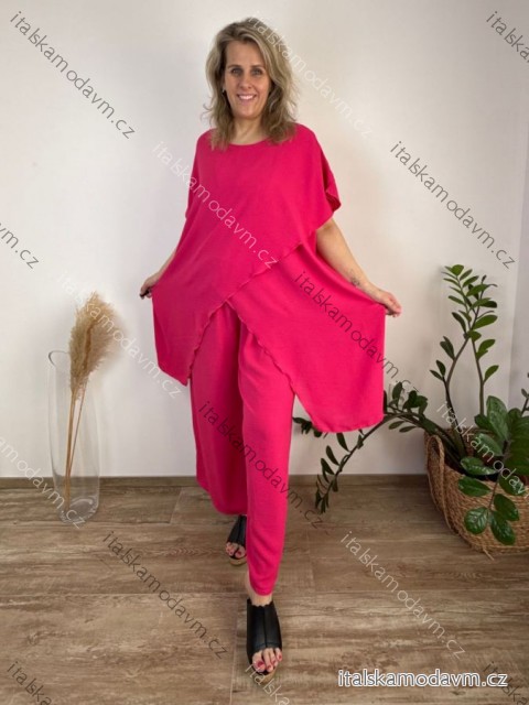 Souprava elegantní, letní kalhoty a tunika dámské nadrozměr SIDONIE (48/50/52/54 ONE SIZE) TALIANSKA MÓDA IMWTC26001/DU  tmavo ružová