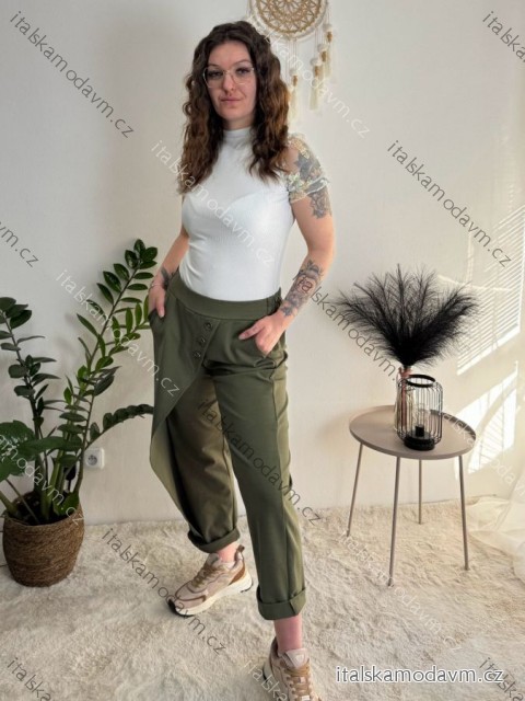 Kalhoty baggy dlouhé s knoflíky dámské (S/M ONE SIZE) ITALSKÁ MÓDA IMD24126/DU khaki S/M