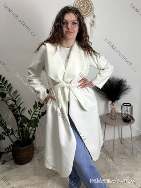 Kabát flaušový dlhý dámsky (S/M/L ONE SIZE) TALIANSKA MÓDA IMM22SL5079A/DR bílá S/M/L