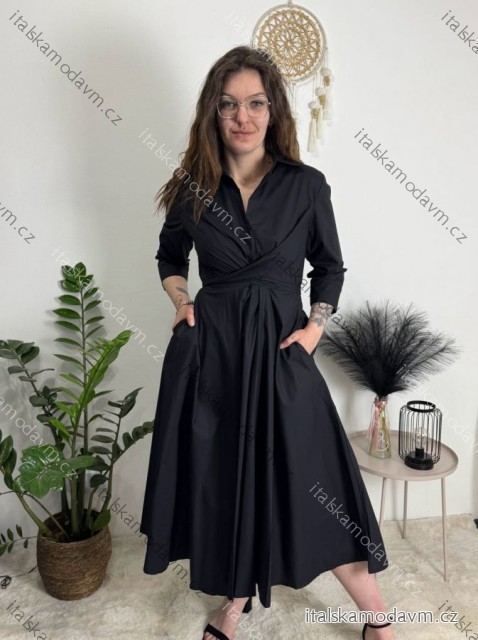 Šaty dlouhé košilové 3/4 dlouhý rukáv dámské KONSTANCE (S/M/L ONE SIZE) ITALSKÁ MÓDA IMPDY264885/DUR černá S/M/L