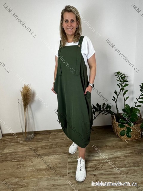 Šaty s laclem letní stahovací s kapsami na ramínka dámské nadrozměr IVONA (40/42/44 ONE SIZE) ITALSKÁ MÓDA IMC26000327/DUR 40/42/44 zelená khaki