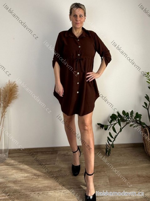 Šaty košeľové 3/4 krátky rukáv dámske (S/M/L/XL ONE SIZE) TALIANSKA MÓDA IMC23025/DU hnědá L/XL