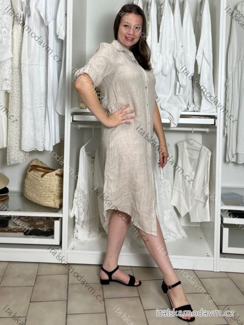 Šaty ľanové košeľové krátky rukáv dámske (S/M/L ONE SIZE) TALIANSKA MODA IM7250001/DU béžová S/M/L