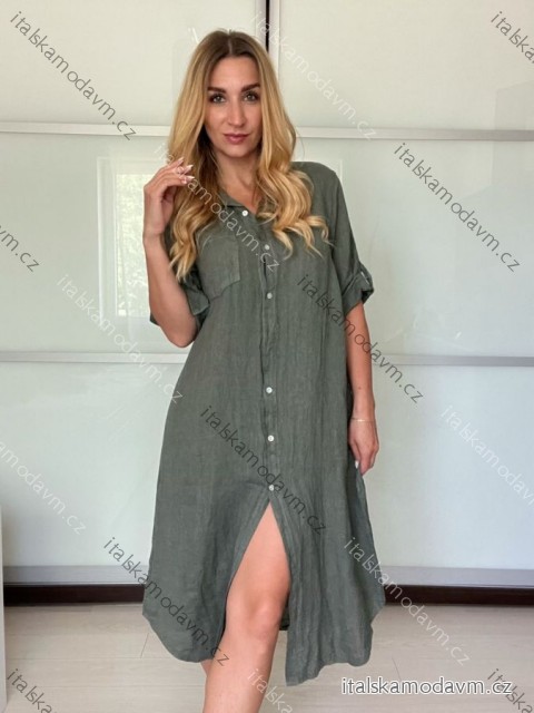 Šaty košilové lněné 3/4 dlouhý rukáv dámské (S/M/L ONE SIZE) ITALSKÁ MODA IM725157/DU -   zelená khaki -   S/M/L