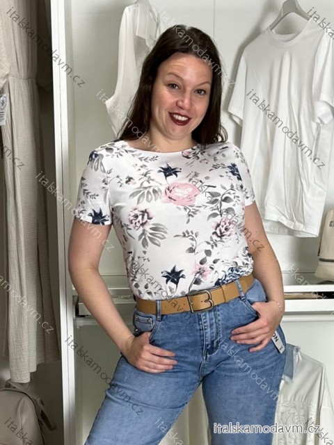 Tričko s krátkým rukávem dámské květované  (S/M/L/XL ONE SIZE) ITALSKá MóDA IM526000356-2/DUR M/L bílá