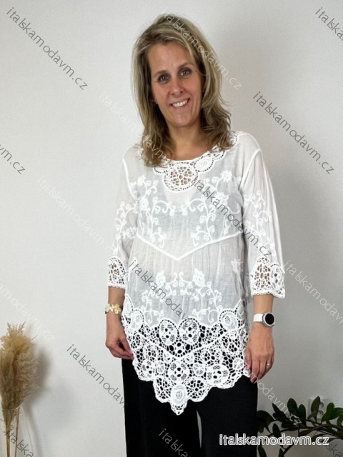 Tunika bavlněná krajková 3/4 rukáv dámská nadrozměr (40/42/44 ONE SIZE) ITALSKÁ MÓDA IMB260001/DUR 40/42/44 bílá
