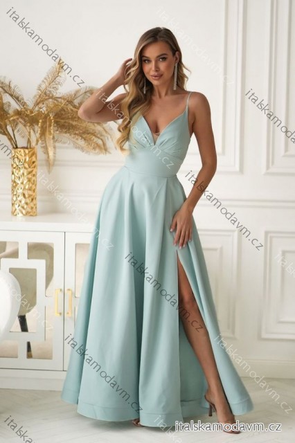 Šaty dlhé večerné s korzetovým šnurovaním na ramienka dámske nadrozmer (34-44) POLSKÁ MÓDA PMLBC24341-03 zelená mintova 40