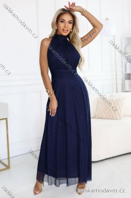 636-2 VERONICA luxusní dlouhé šaty s brokátovým akcentem a elegantním střihem - tmavě modré