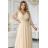 654-2 Dlouhé, třpytivé šaty plus size s kulatým výstřihem a průsvitnými rukávy - šampaňsky béžové