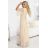 654-2 Dlouhé, třpytivé šaty plus size s kulatým výstřihem a průsvitnými rukávy - šampaňsky béžové
