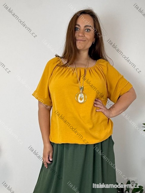 Halenka s přívěskem krátký rukáv dámská nadrozměr OLGA (52/54/56 ONE SIZE) ITALSKÁ MÓDA IM426046/DUR 52/54/56 žlutá hořčicová