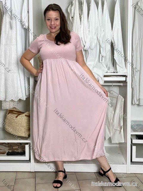 Šaty dlouhé letní žebrované krátký rukáv dámské Maria-M (XS/S/M/L ONE SIZE) ITALSKÁ MÓDA IMSM25128/DUR sv. růžová S/M/L