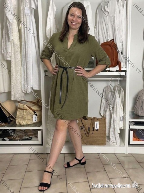 Šaty letní s páskem 3/4 dlouhý rukáv dámské mušelín nadrozměr (XL/2XL ONE SIZE) ITALSKÁ MÓDA IMWBB232660/DU XL/2XL Khaki