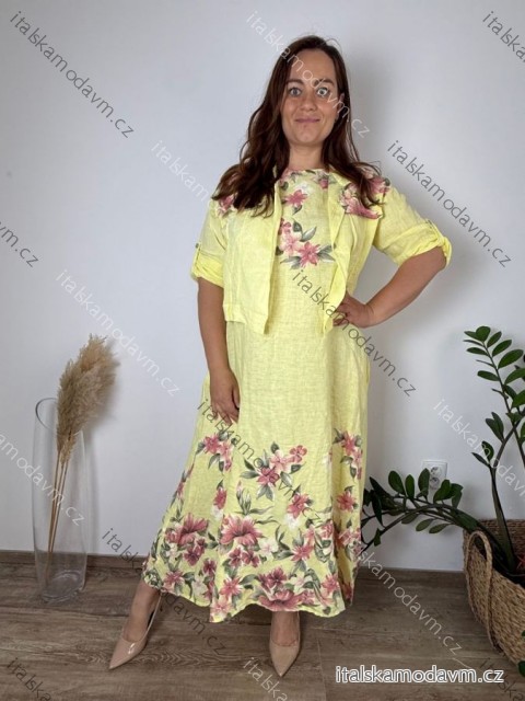 Komplet elegantní krátký rukáv dámské ¨nadrozměr FLOWER  (46/48/50 ONE SIZE) ITALSKÁ MÓDA IMPSF260001/DUR 46/48/50 žlutá